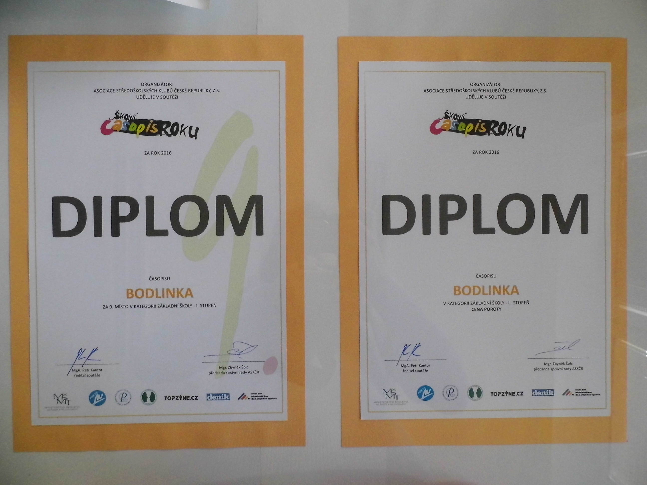 DIPLOM za 1. a 9. místo v ČR ZŠ časopis BODLINKA 2016
- Mgr. Lenka Lídlová