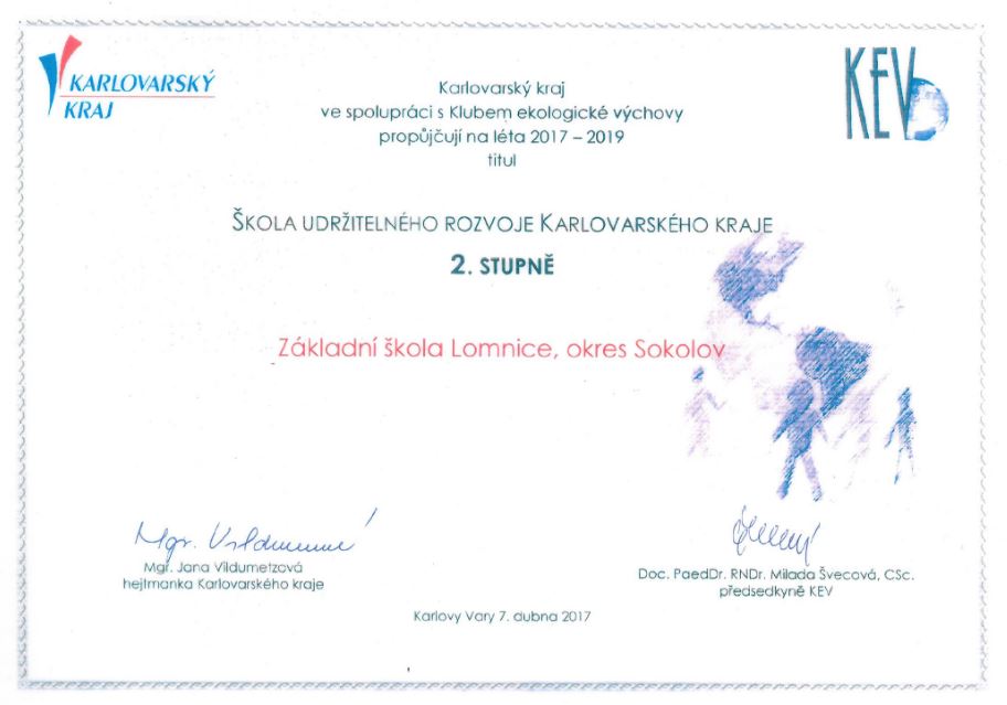 Škola udržitelného života
Naše škola byla v dubnu vyhodnocena Klubem ekologické výchovy (KEV) „Školou udržitelného rozvoje.“